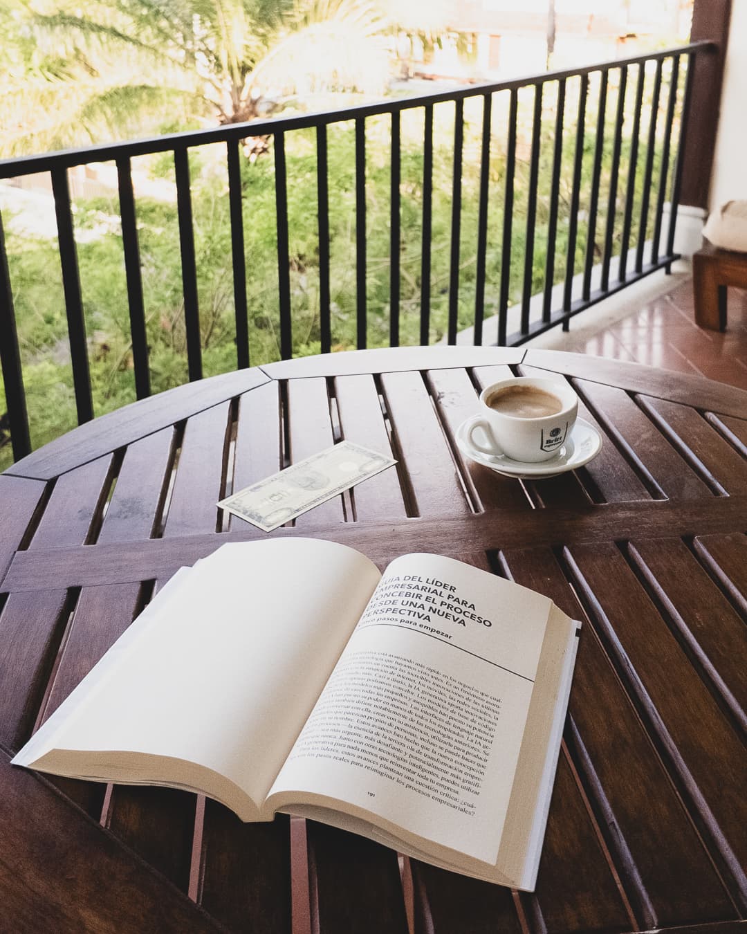A book and a cup of coffee on a wooden table near a balcony with greenery outside.
