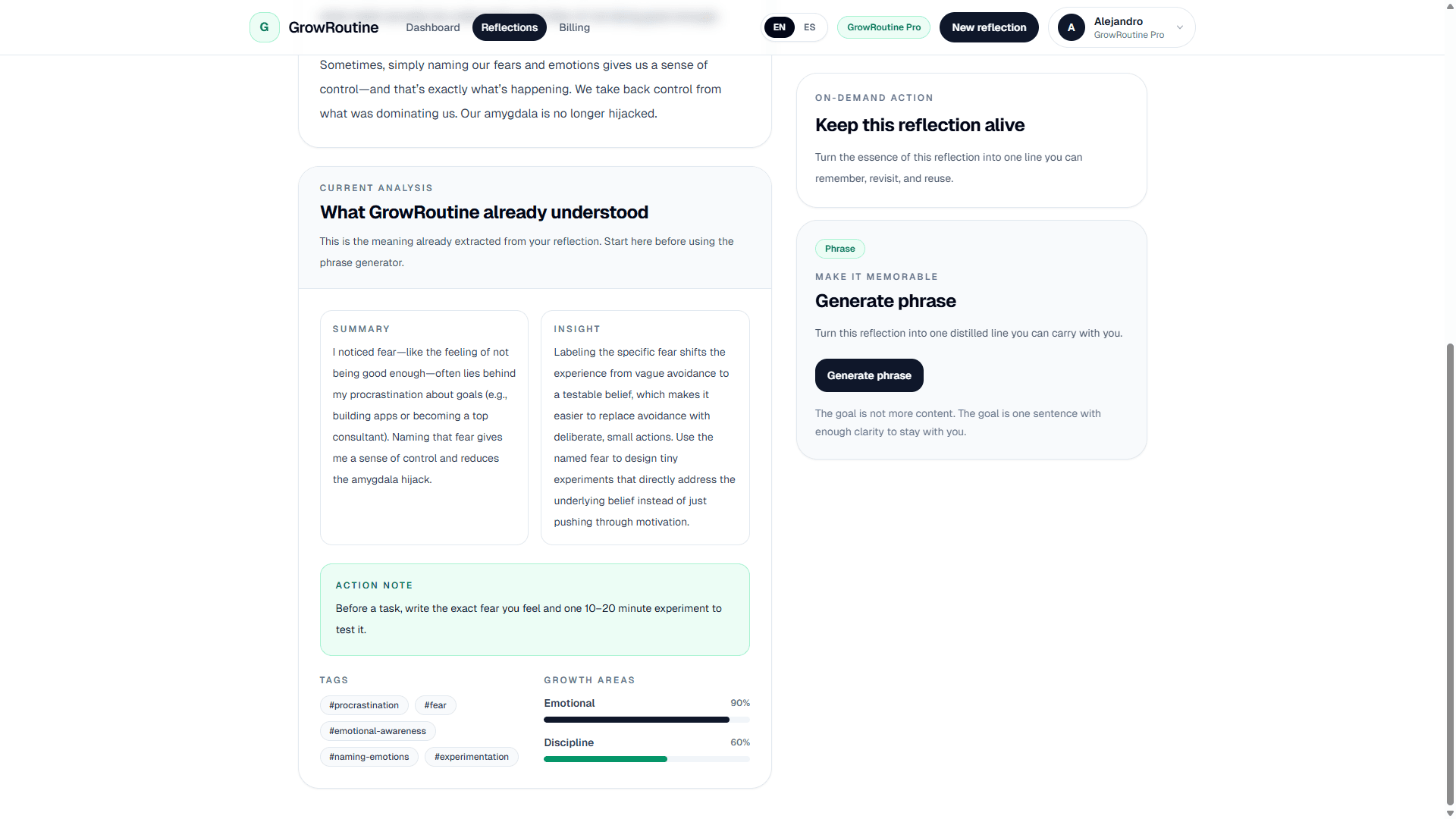 GrowRoutine AI-assisted outputs and growth areas.