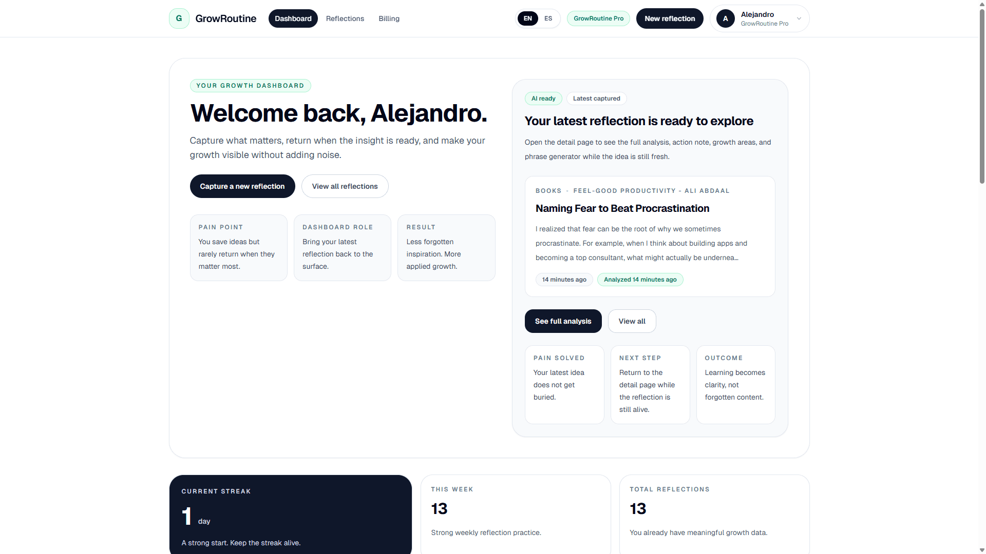 GrowRoutine dashboard overview.